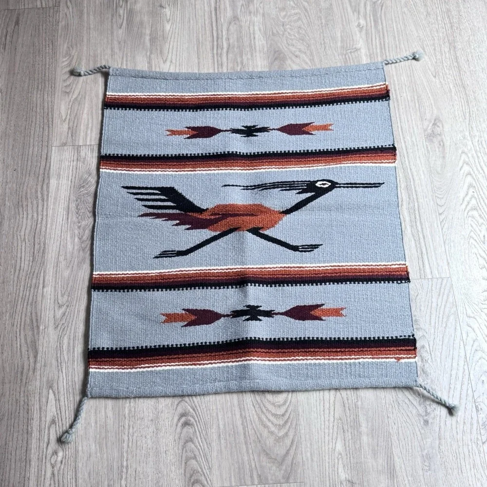 VTG Chimayo Aztec Zapotec Rug Tapestry 100% Wool Hand Woven 32x27
